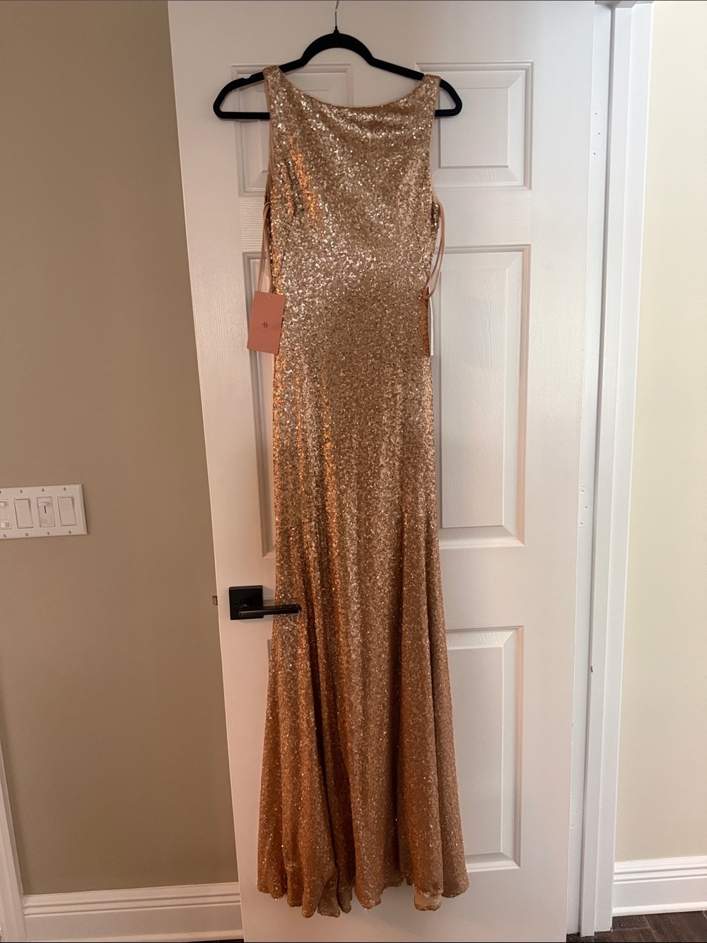 Theia Rose Gold Sequin Evening Gown